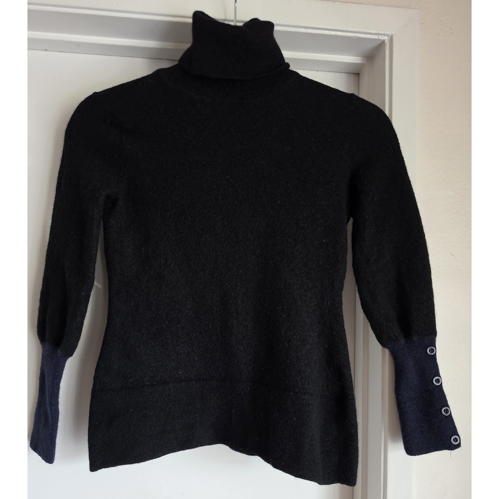 Kenar 100% Italian Merino‎ Wool Turtleneck Sz M - Black with Navy Button Cuffs